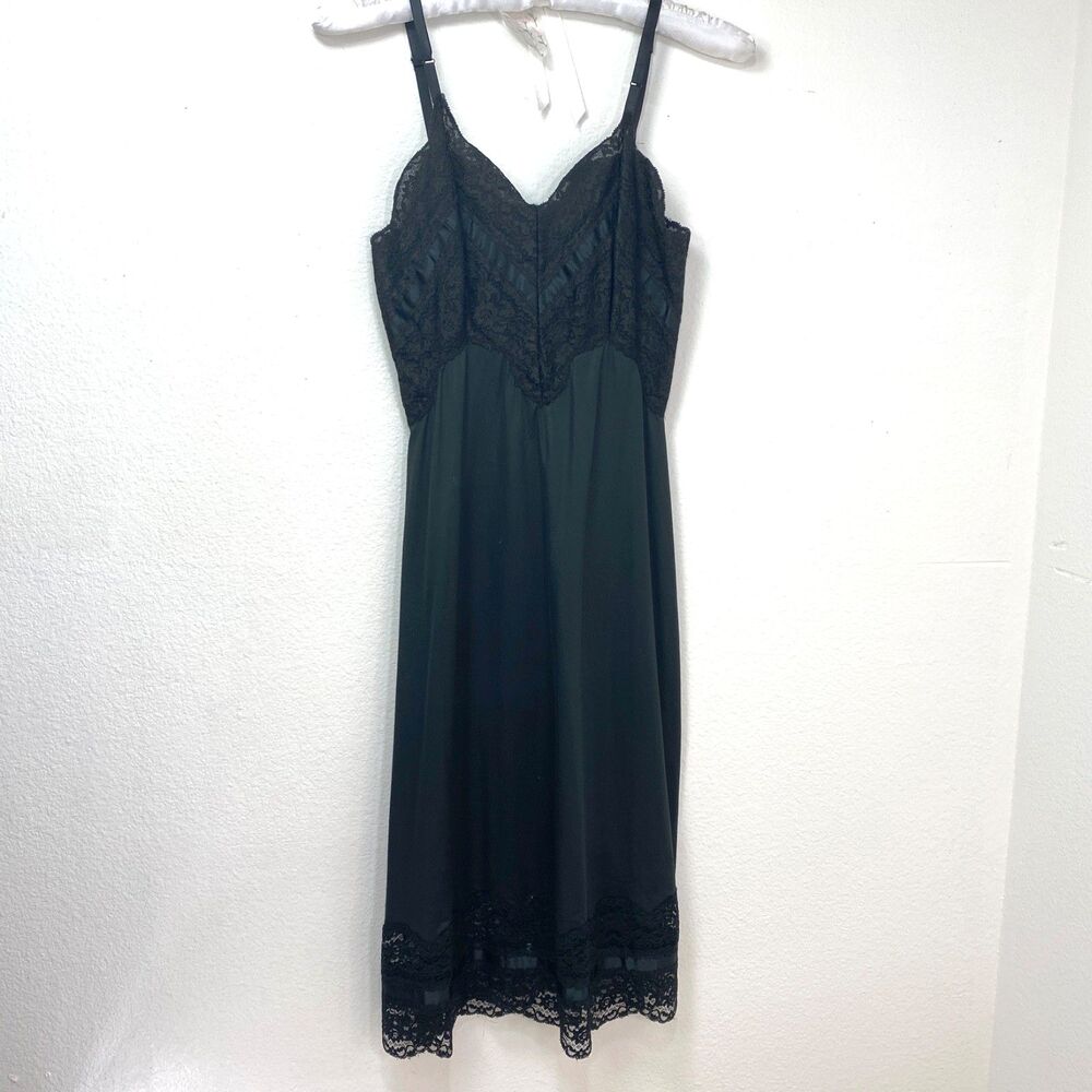 Vintage Charmode Black Full Nylon Tricot Baby Doll Slip Size 32 Lace Below Knee